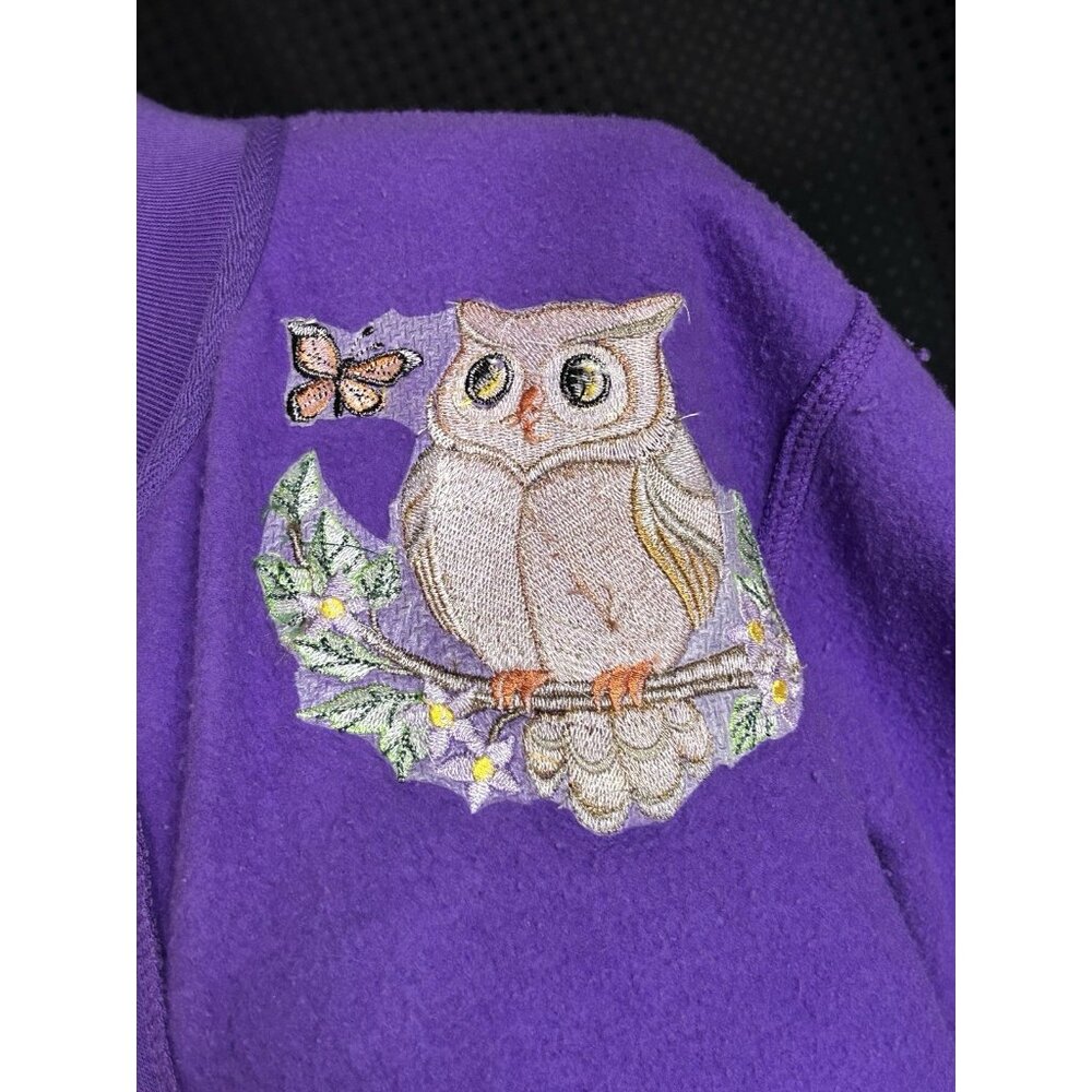 Vintage Tudor Court Women Large Fleece Jacket Embroidered Owls Purple Pockets - Picture 12 of 13